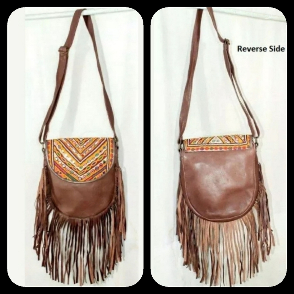 Vtg Leather Fringe Embroidered bag cross body free spirit boho hippie people - Picture 3 of 11